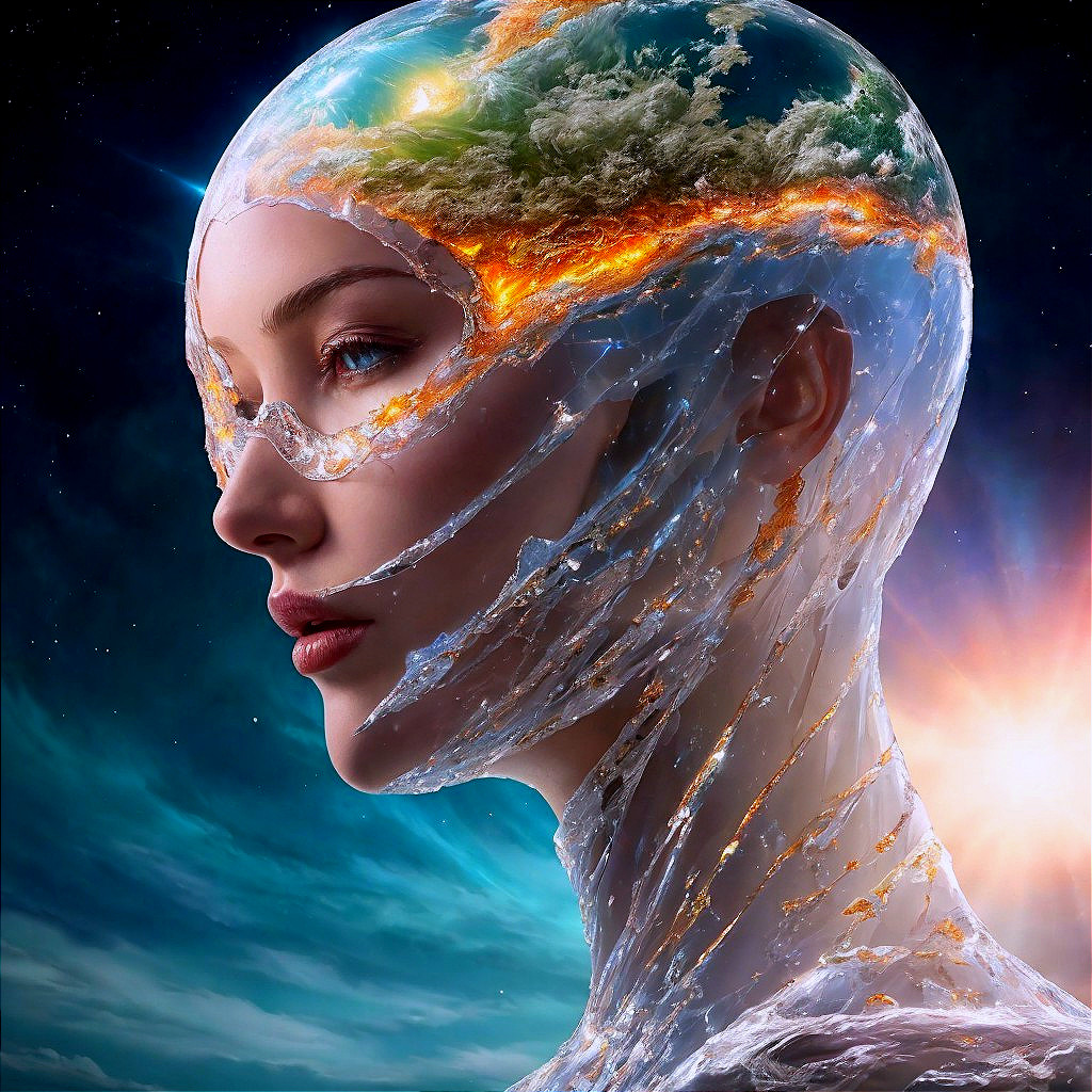 Futuristic Humanoid with Landscape and Cosmic Elements