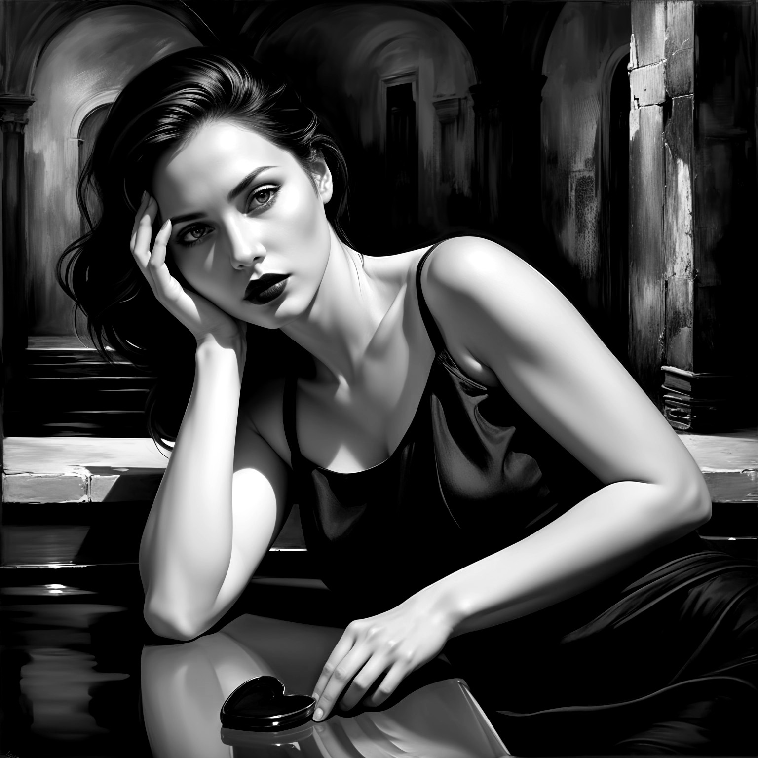 Black-and-white portrait of a contemplative woman