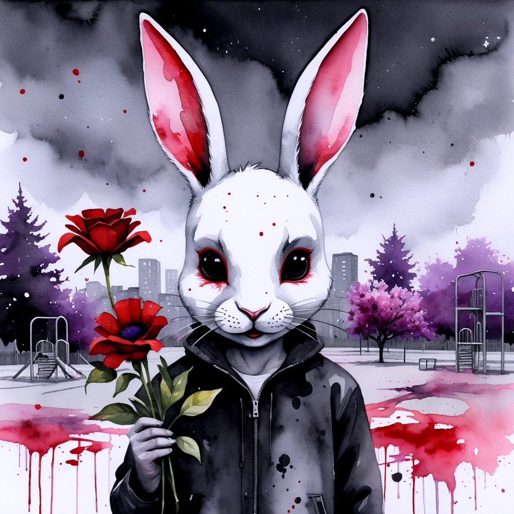 Haunting Figure in Rabbit Mask with Red Roses in Playground