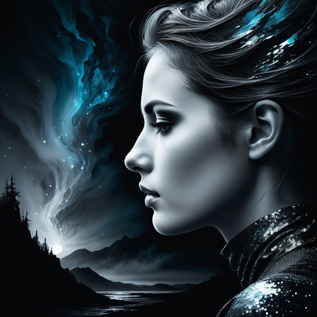 Side Profile of Woman with Cosmic Background