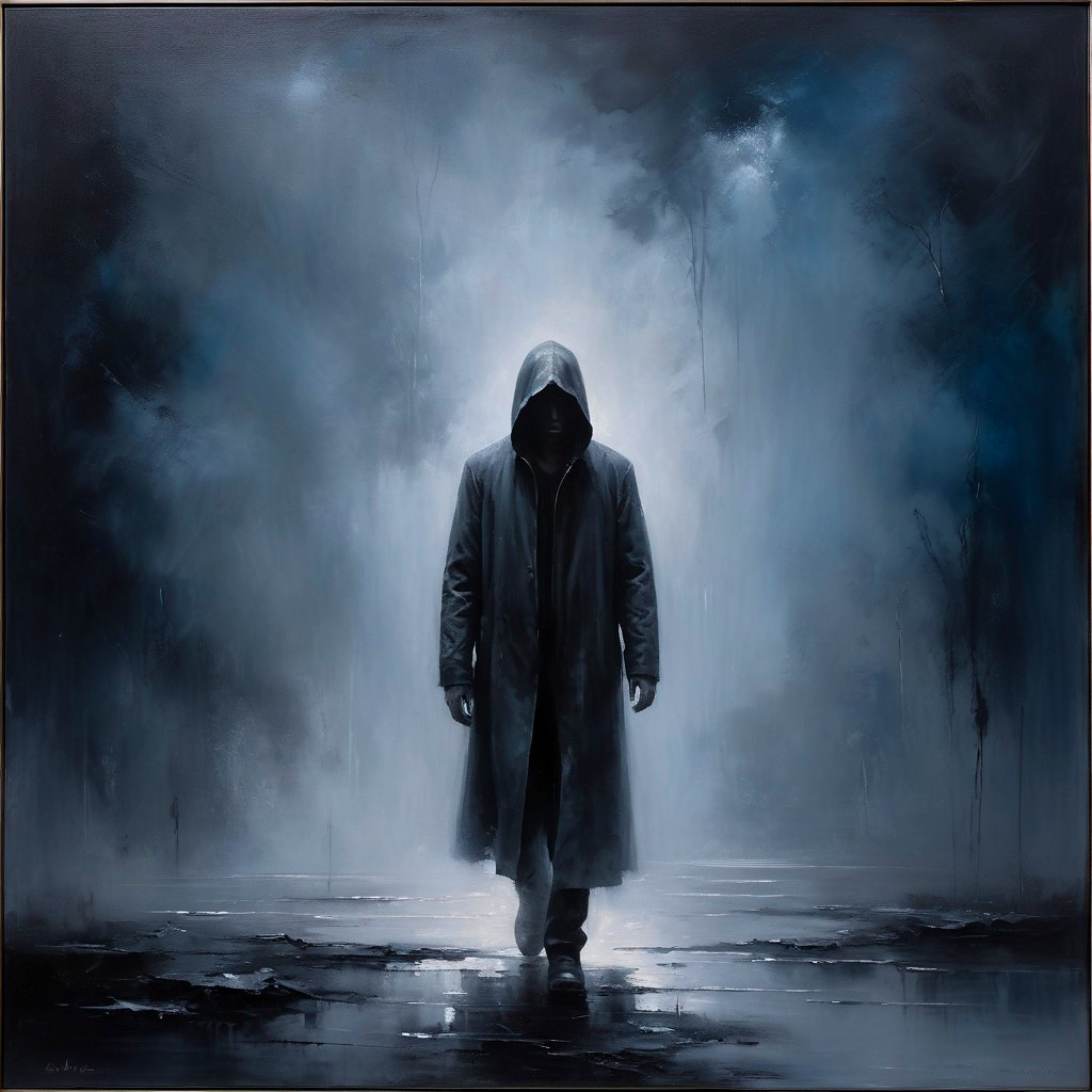 Mysterious Figure in Foggy Landscape at Dusk