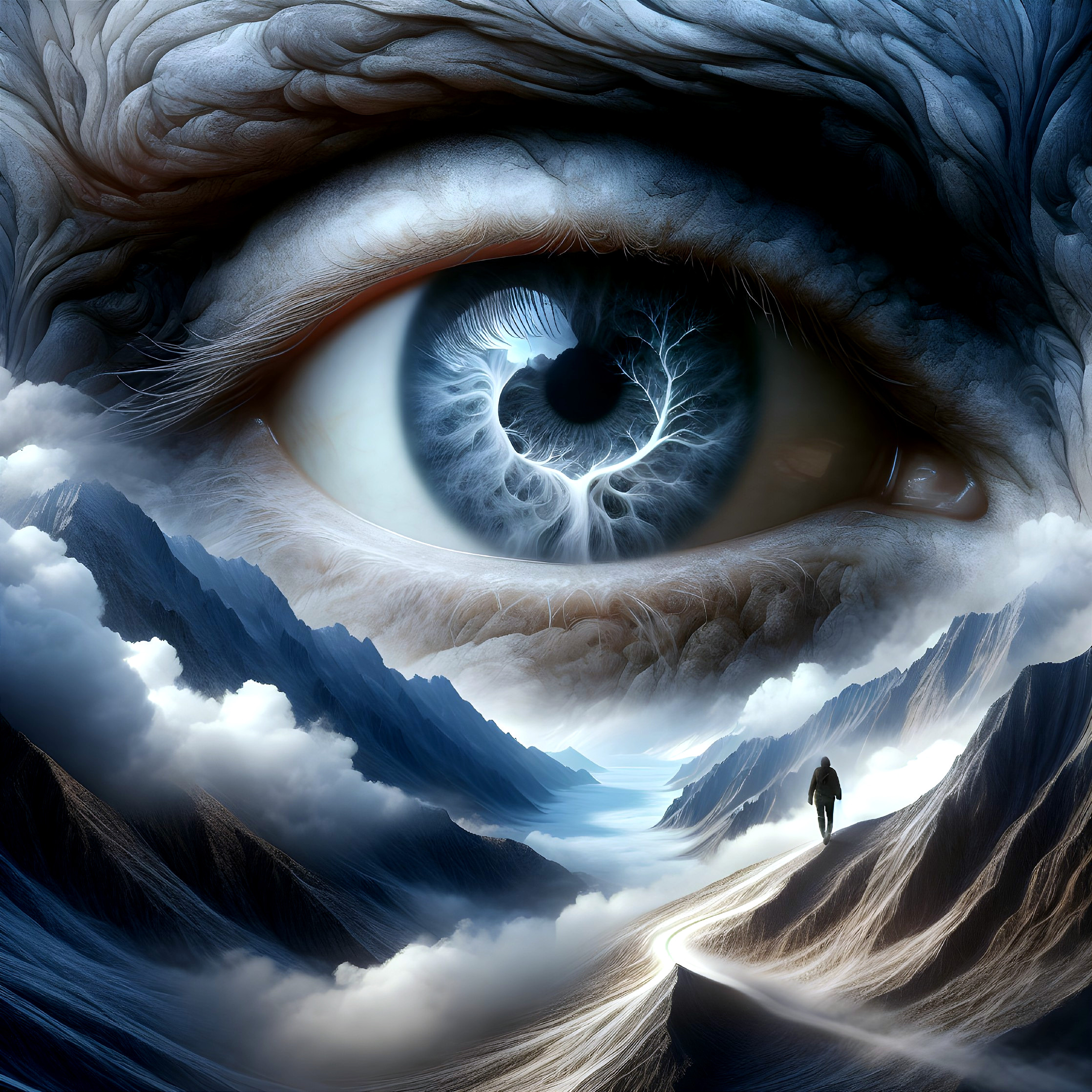 Surreal Landscape with a Cosmic Eye and Figure