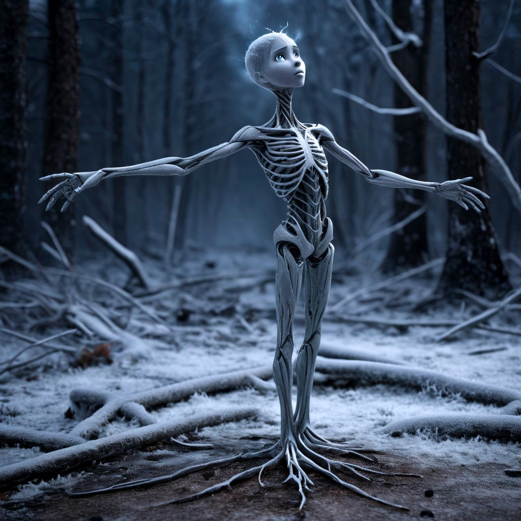 Humanoid Figure in a Frost-Covered Forest Scene