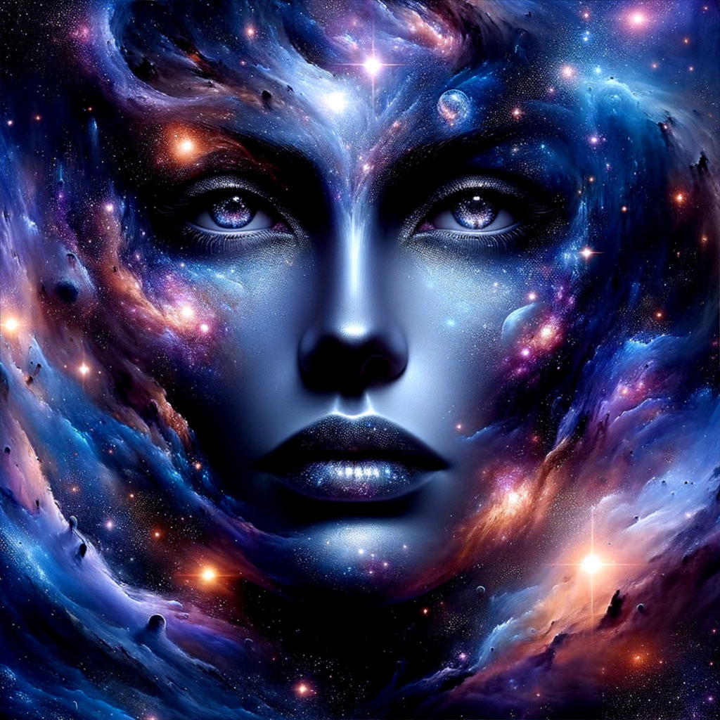 Surreal Cosmic Face in a Vibrant Galaxy Scene