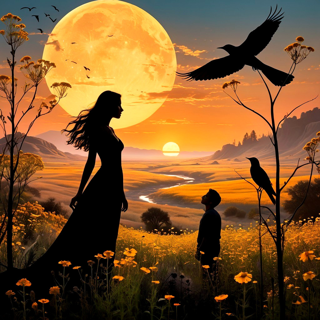 Serene sunset landscape with silhouetted figures and moon