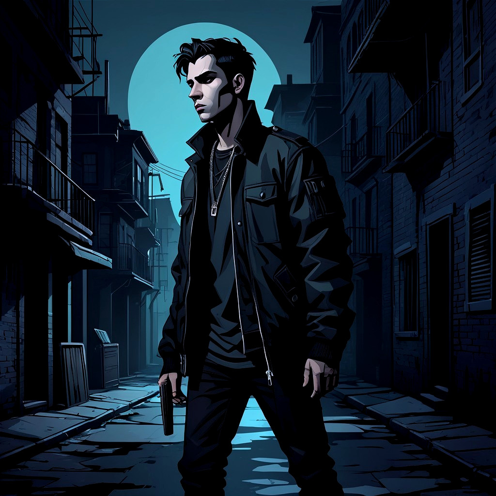 Dark Urban Alleyway with Lone Figure and Gun