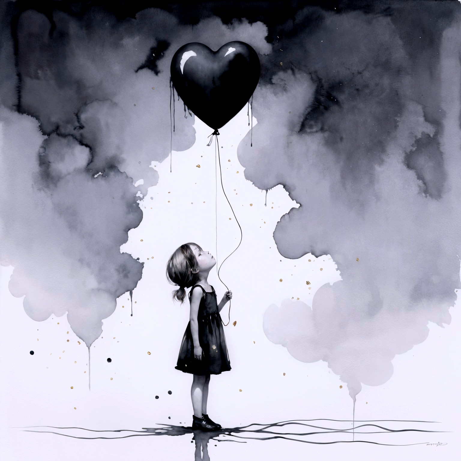 Black and White Scene of Girl with Heart Balloon