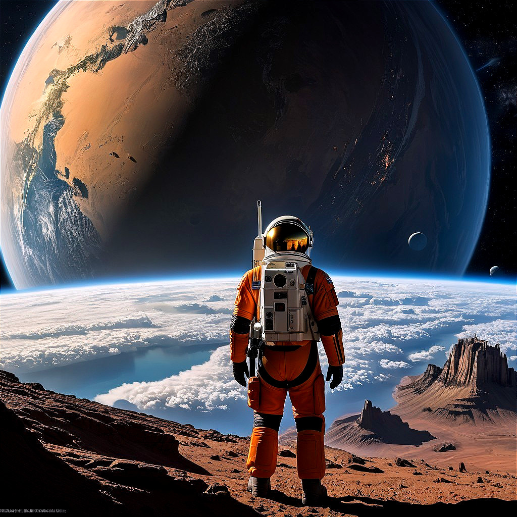 Astronaut on Rugged Landscape with Planet and Moons