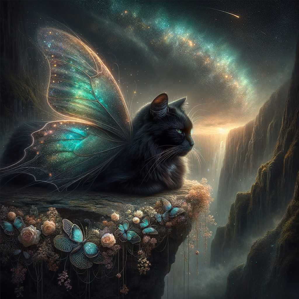 Black Cat with Butterfly Wings in Cosmic Landscape