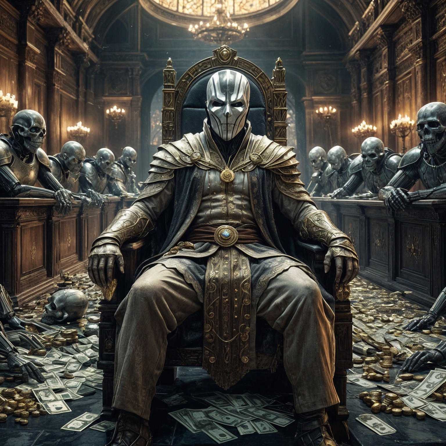 Evil king on throne with skeleton henchmen and gold