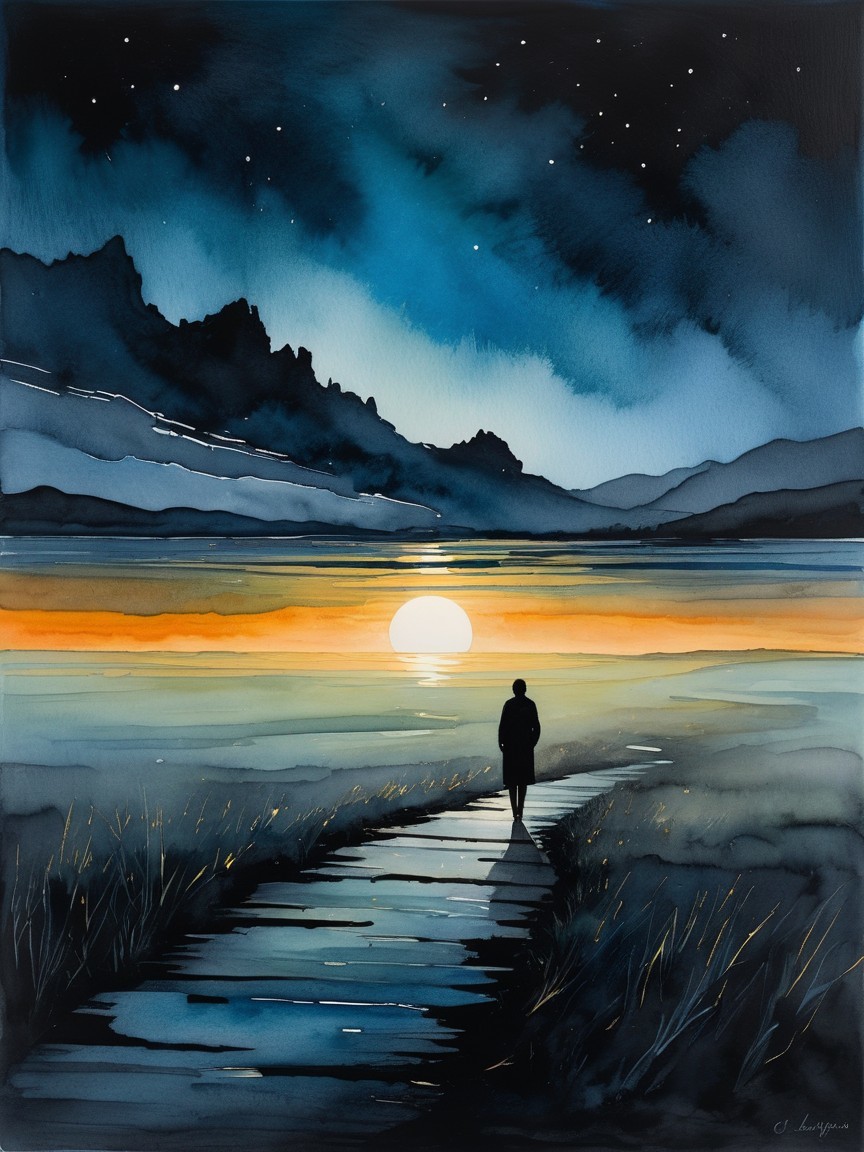 Serene Dusk Landscape with Solitary Figure and Water