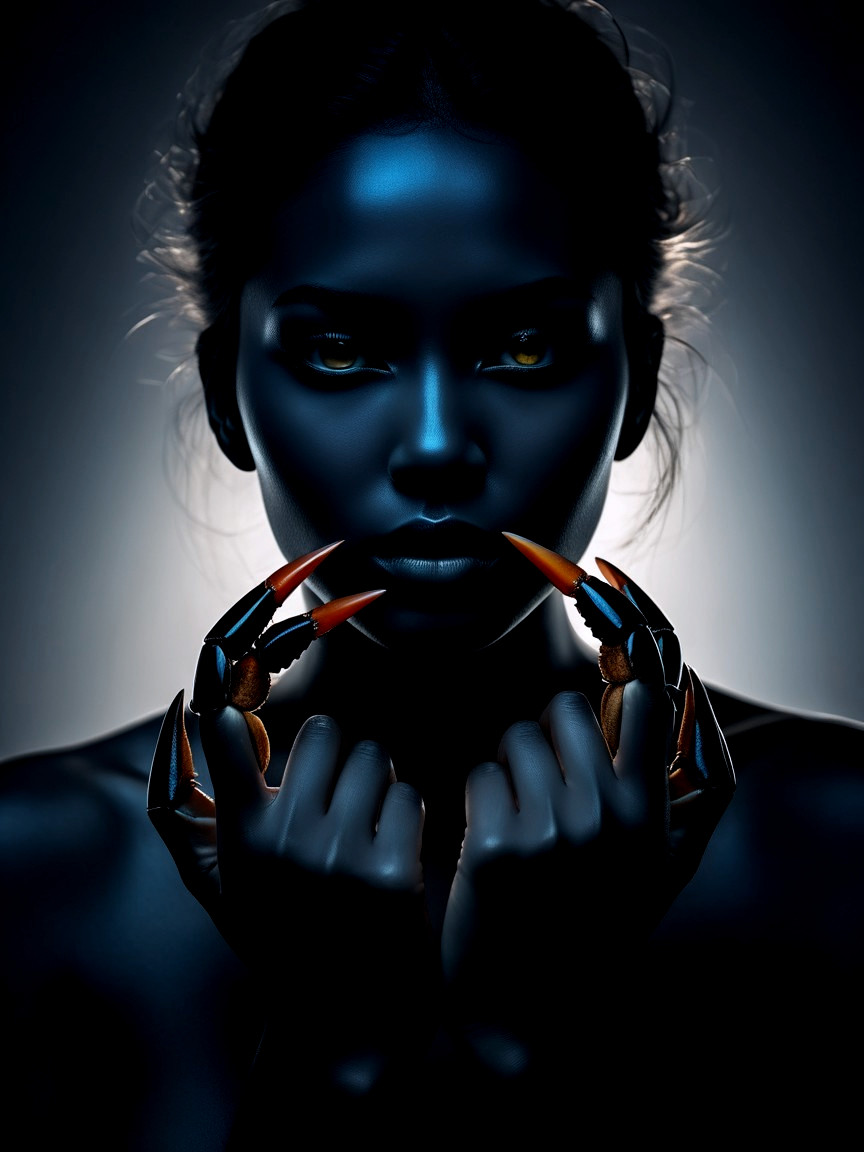 Portrait of a woman with crab claws in dim lighting