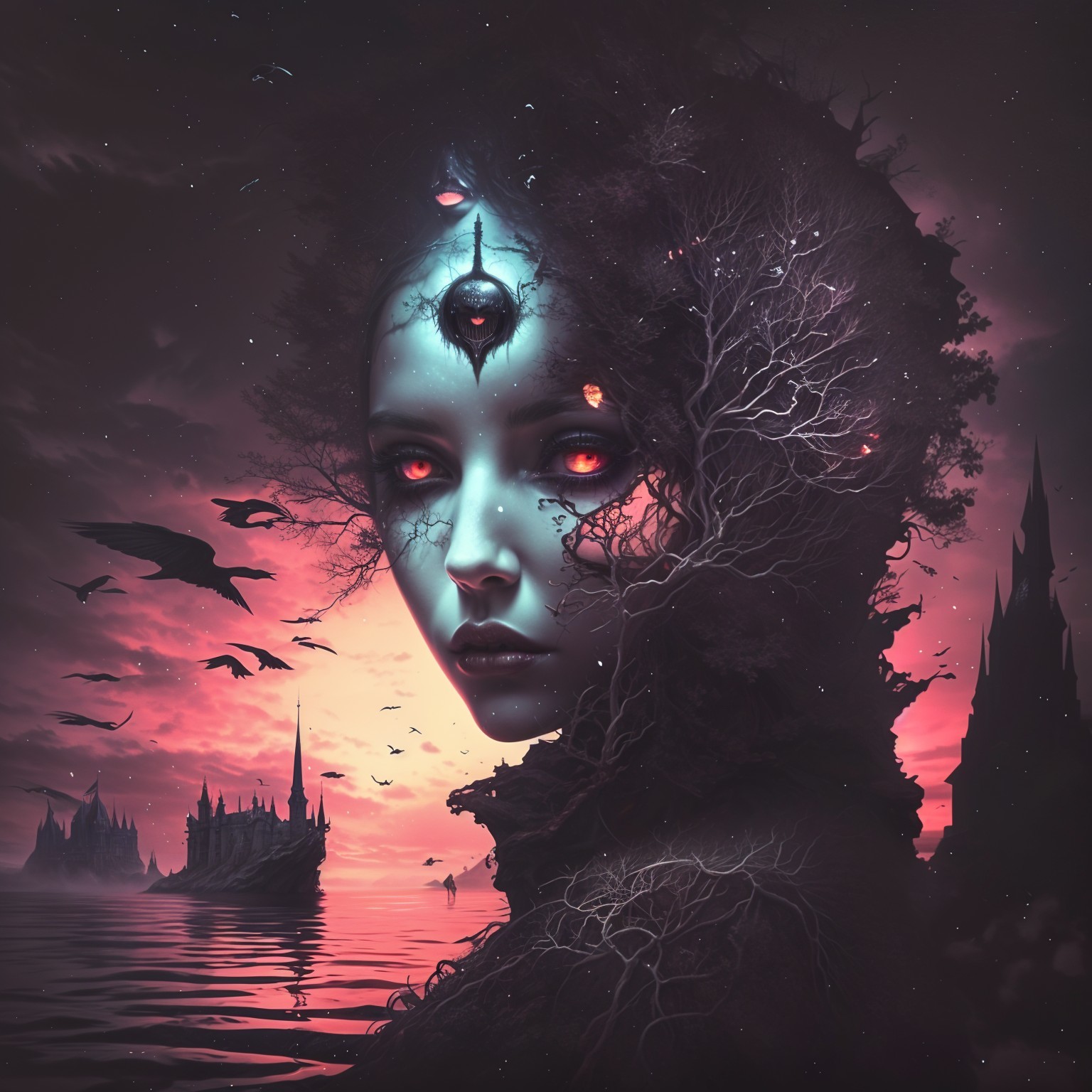 Surreal Woman with Branches and Gothic Sunset Background