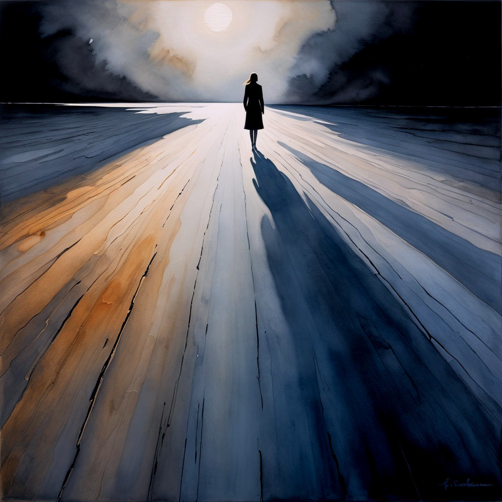 Solitary Figure on Reflective Surface Under Dramatic Sky