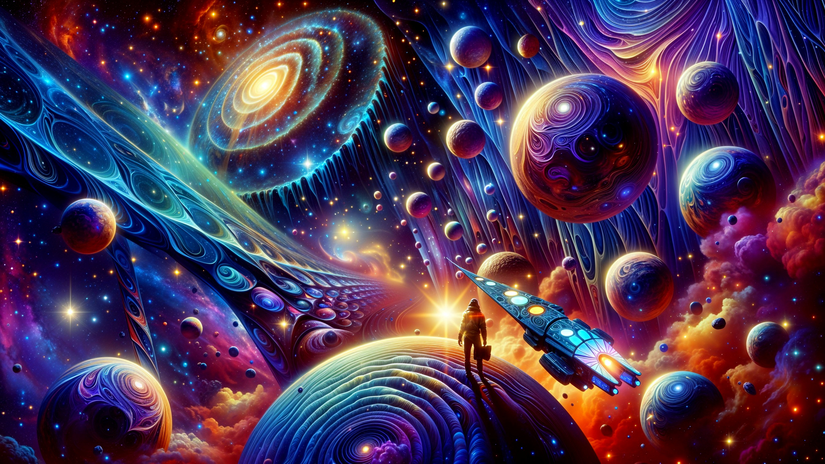 Vibrant Cosmic Scene with Galaxies and Spaceship