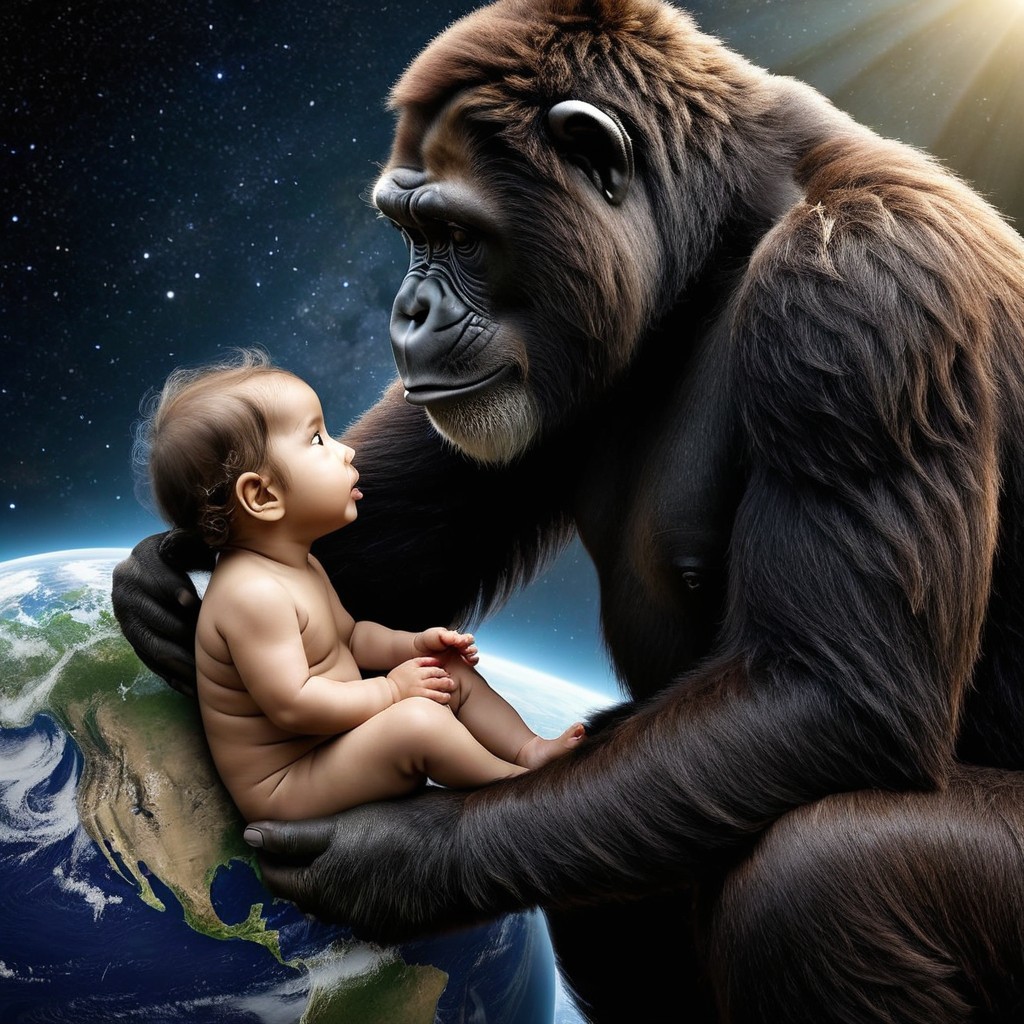 Gorilla and Baby Share Moment in Cosmic Scene