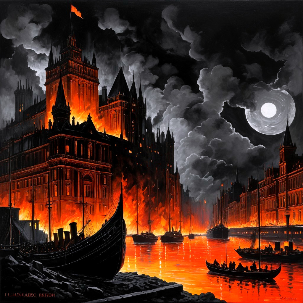 Dramatic Cityscape with Flames and Gothic Architecture