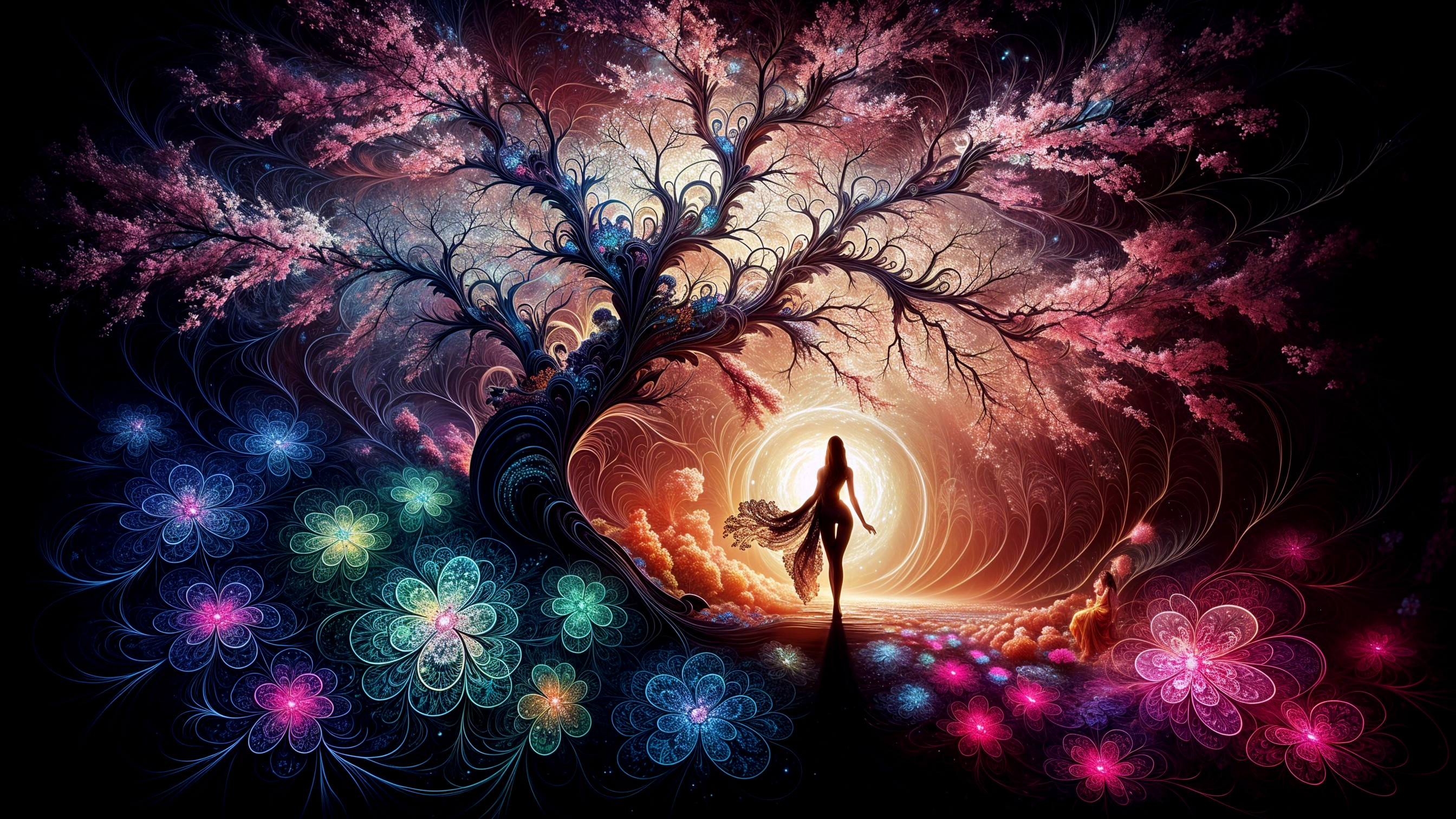 Vibrant Dreamlike Scene with Silhouetted Figure and Tree