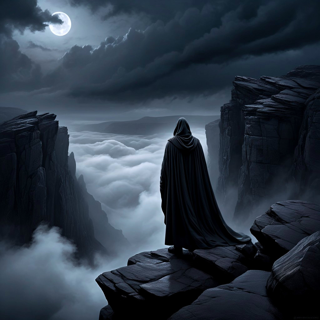 Mysterious Figure on Cliff Overlooking Cloudy Sea