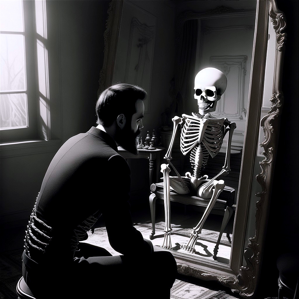 Bearded Man and Skeleton in Vintage Decor Room