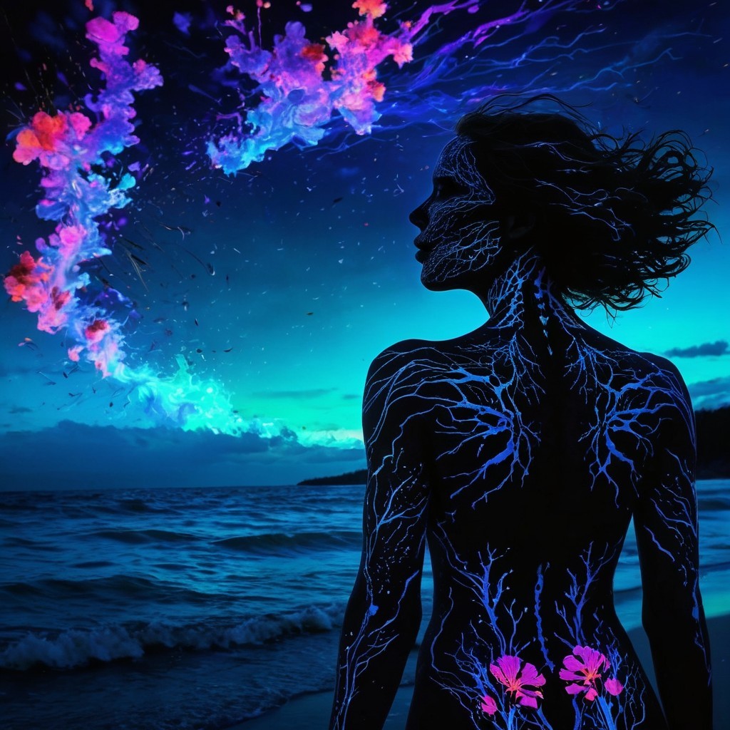 Silhouette of Woman with Glowing Body Paint by Ocean