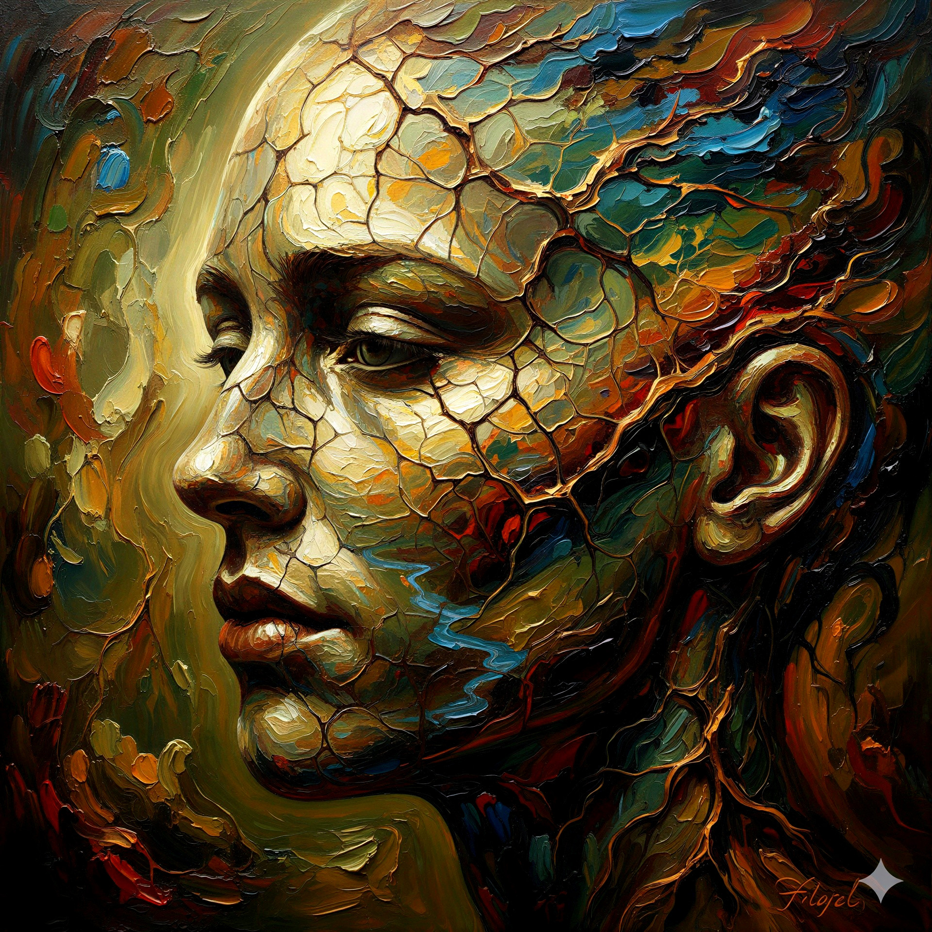 Abstract Face with Textured Background and Warm Hues