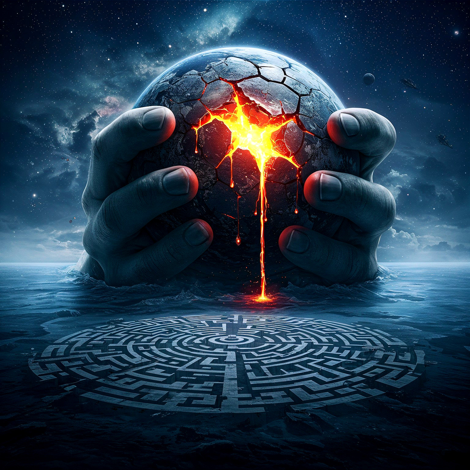 Colossal Hands Gripping a Cracked Lava Sphere in Space