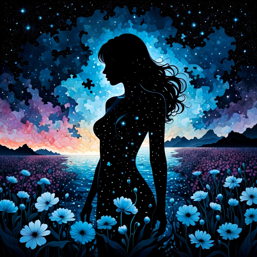 Silhouette of a woman against a cosmic landscape