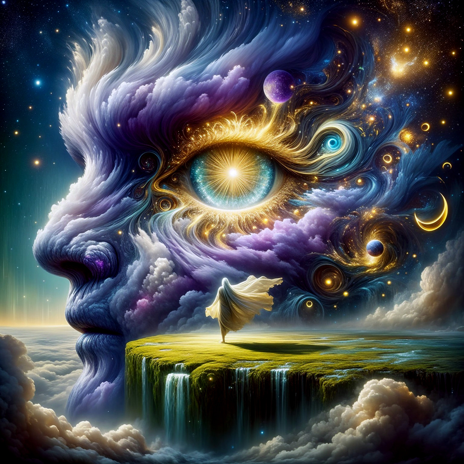 Surreal Landscape with Colossal Face and Cosmic Elements