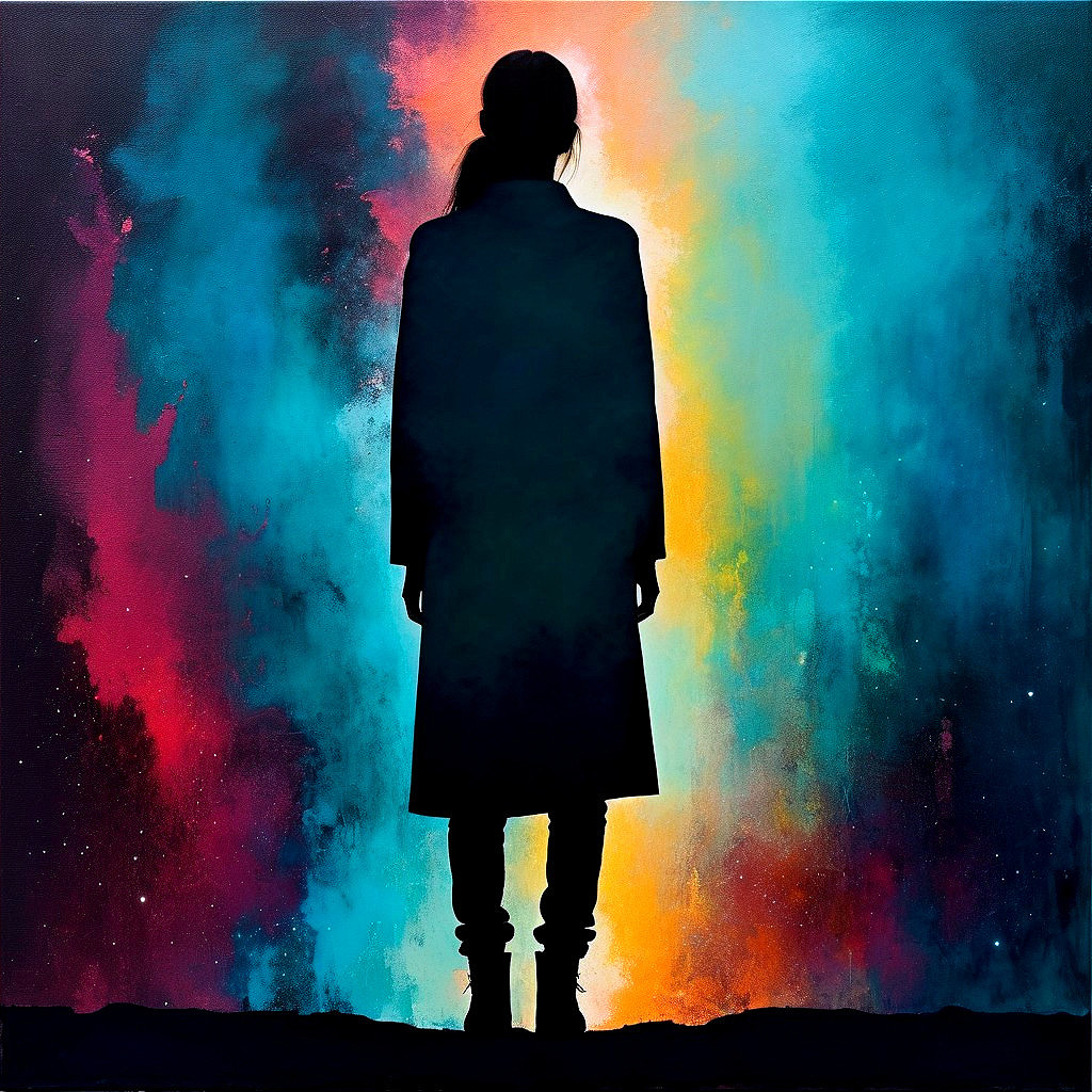 Solitary Figure Against Vibrant Cosmic Background