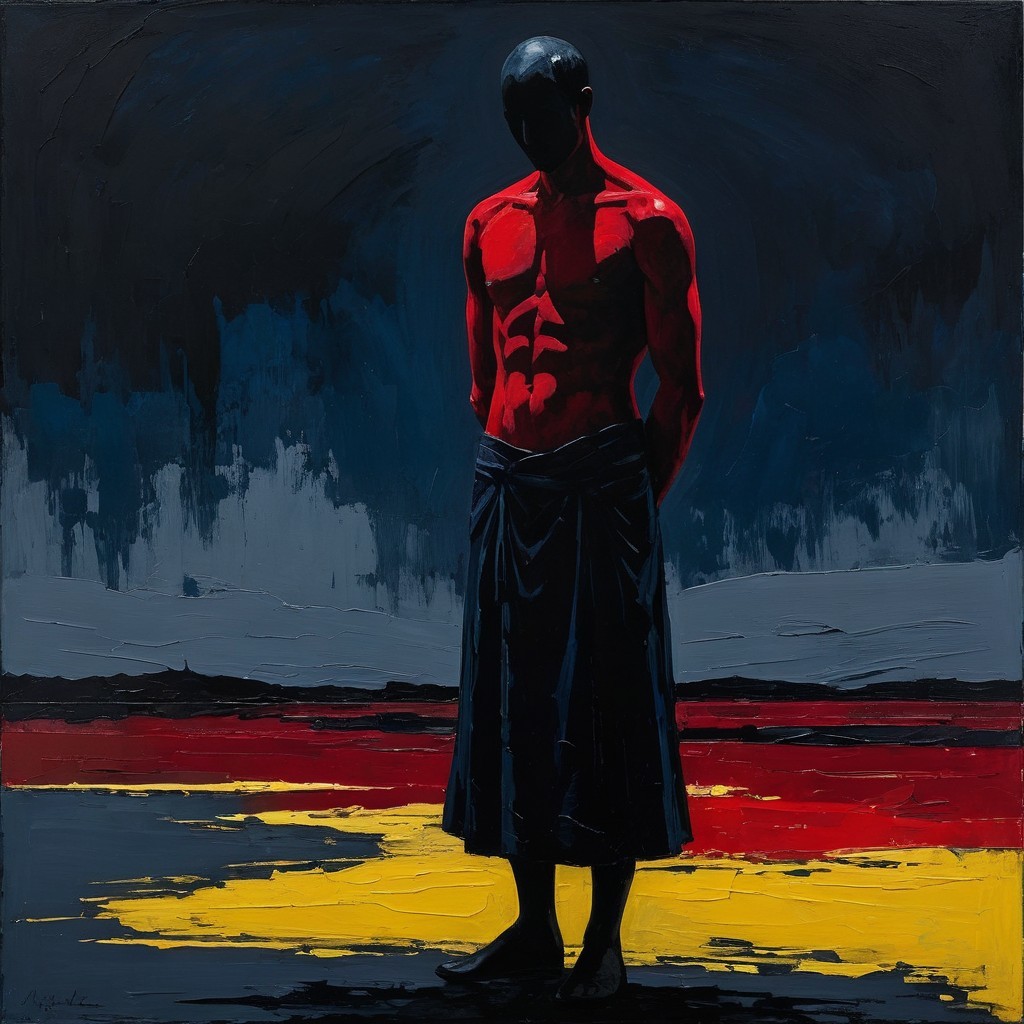 Solitary Figure in Red Against Dark Background