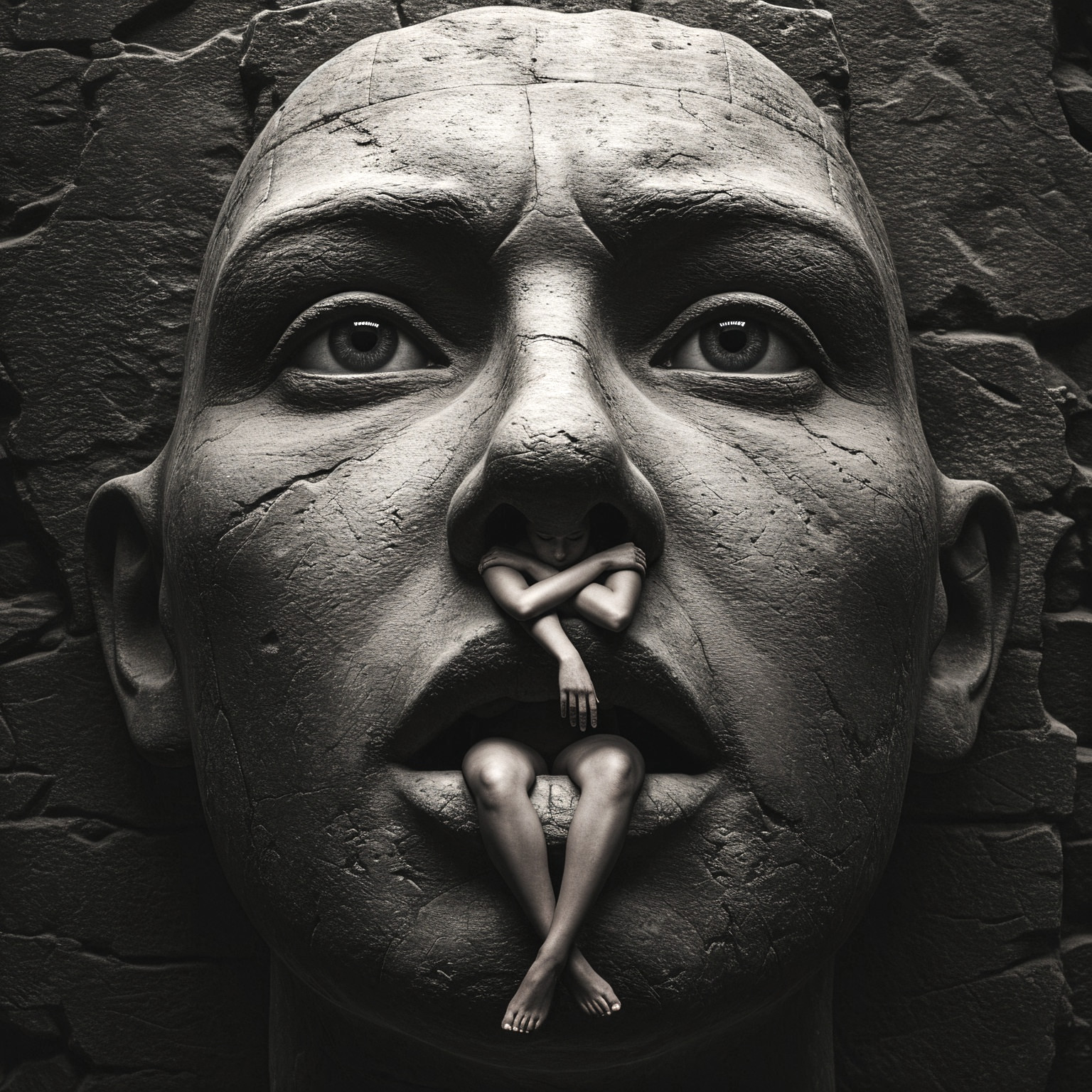 Stone-Carved Face with Human Figure in Dramatic Setting