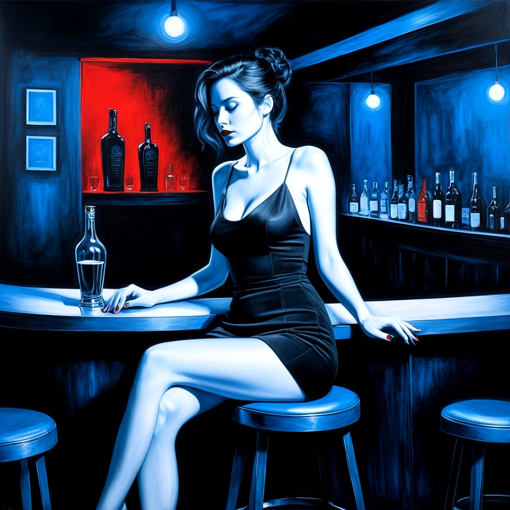 Woman in Black Dress at Dimly Lit Bar with Vodka