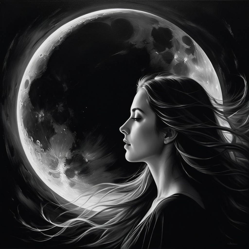Monochromatic Artwork of Woman Gazing at Moon
