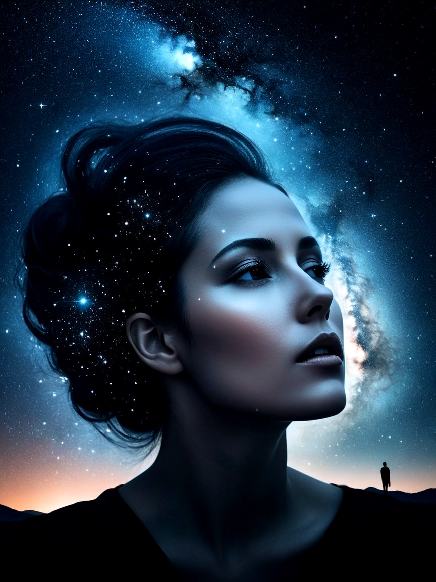 Woman with Cosmic Hair Against Celestial Background