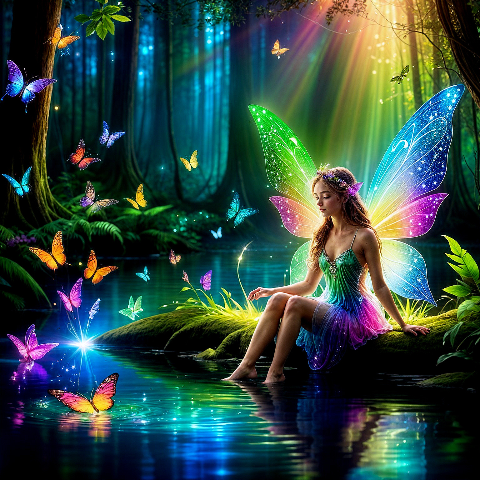 Fairy by Tranquil Pond in Serene Forest Scene