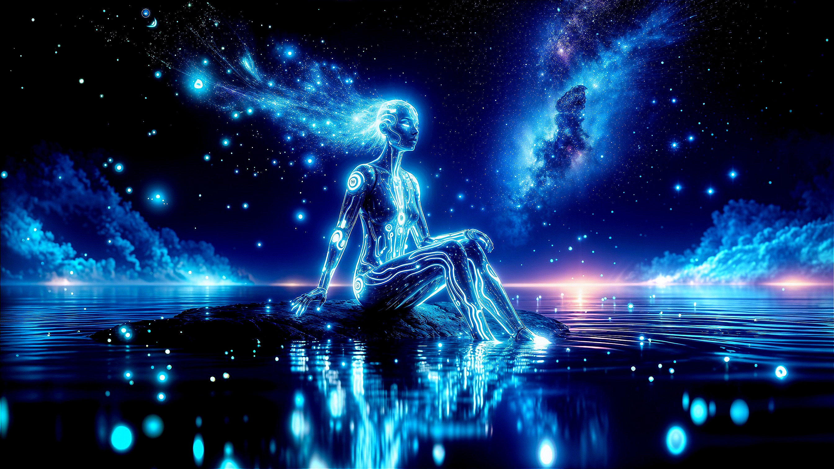 Luminous figure on rock by tranquil cosmic waters