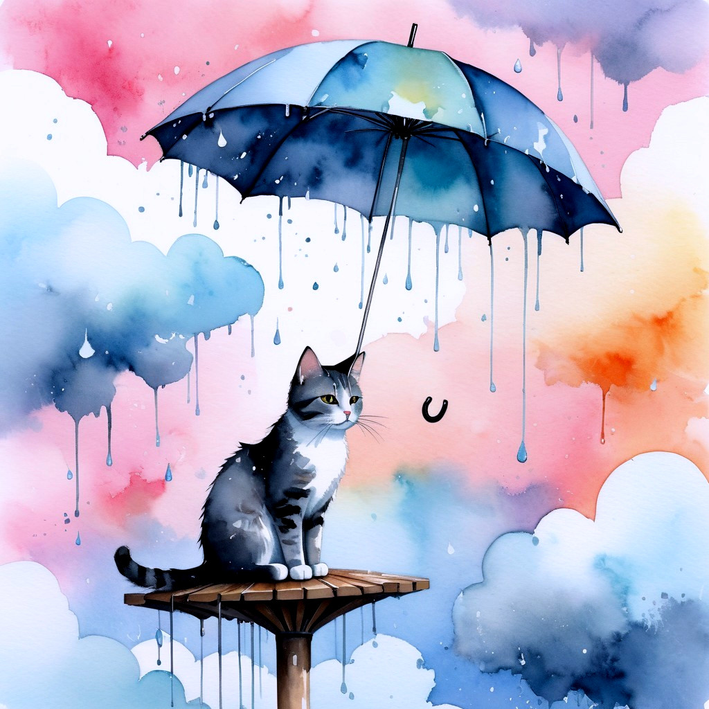 Whimsical Gray Tabby Cat Under Blue Umbrella Illustration