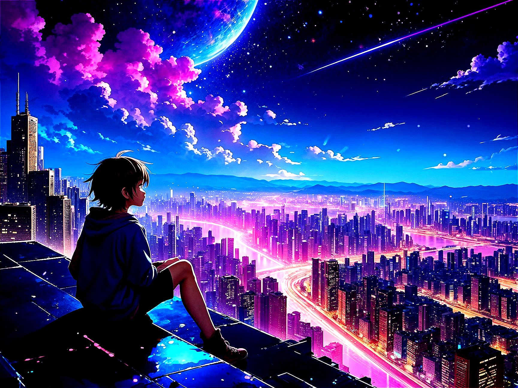 Rooftop View of a Neon-Lit Futuristic Cityscape