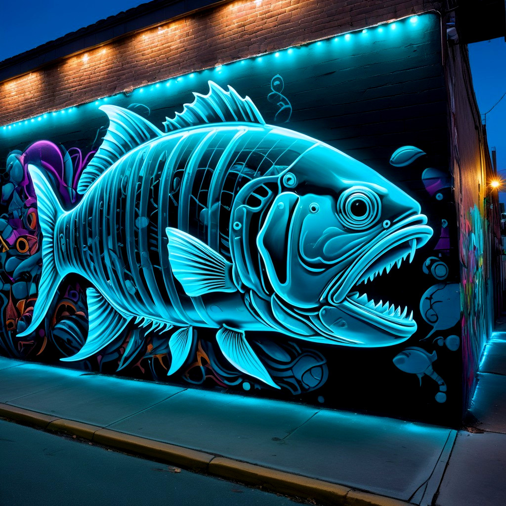 Vibrant Street Mural of Luminescent Fish and Bubbles