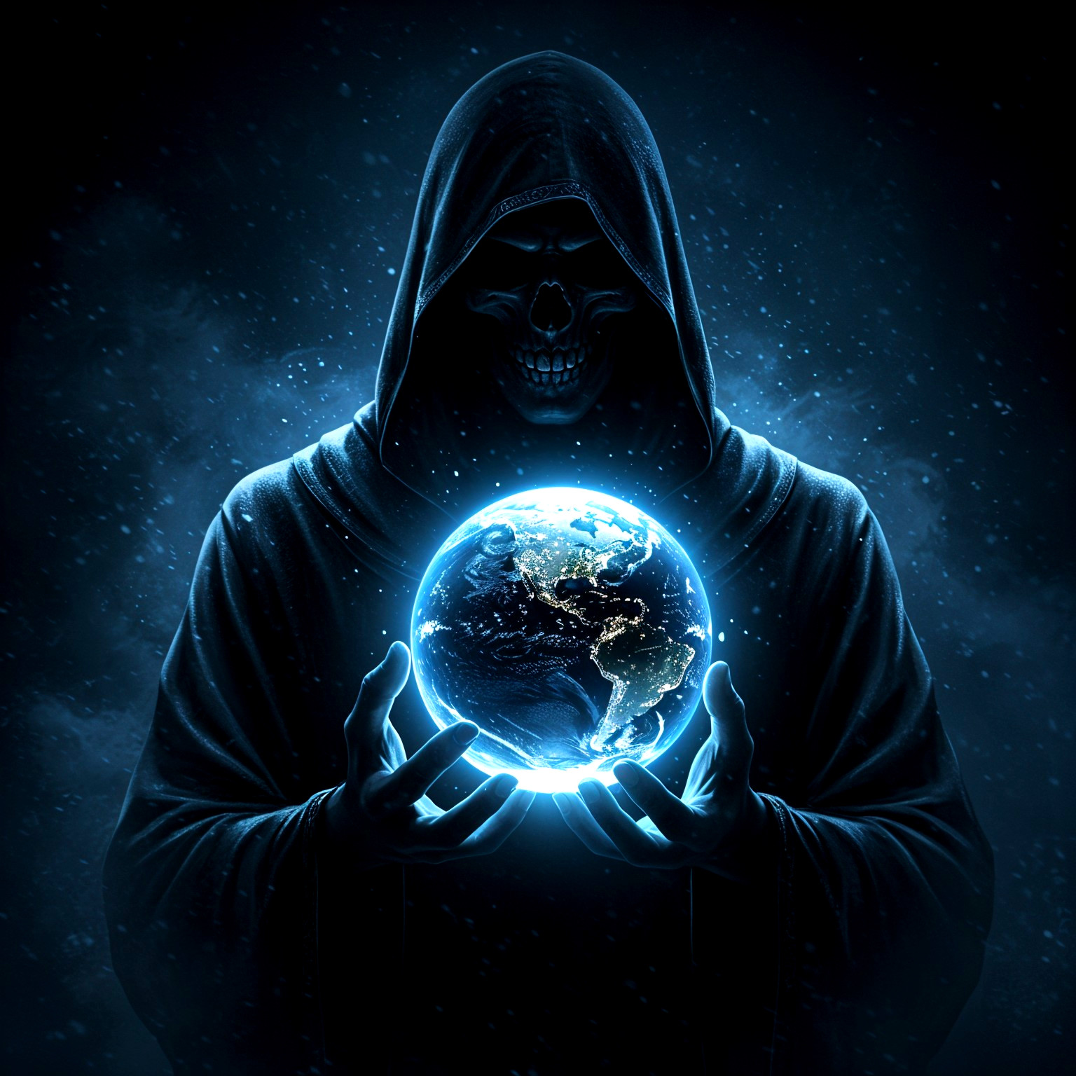 Mysterious Hooded Figure Holding Glowing Blue Earth