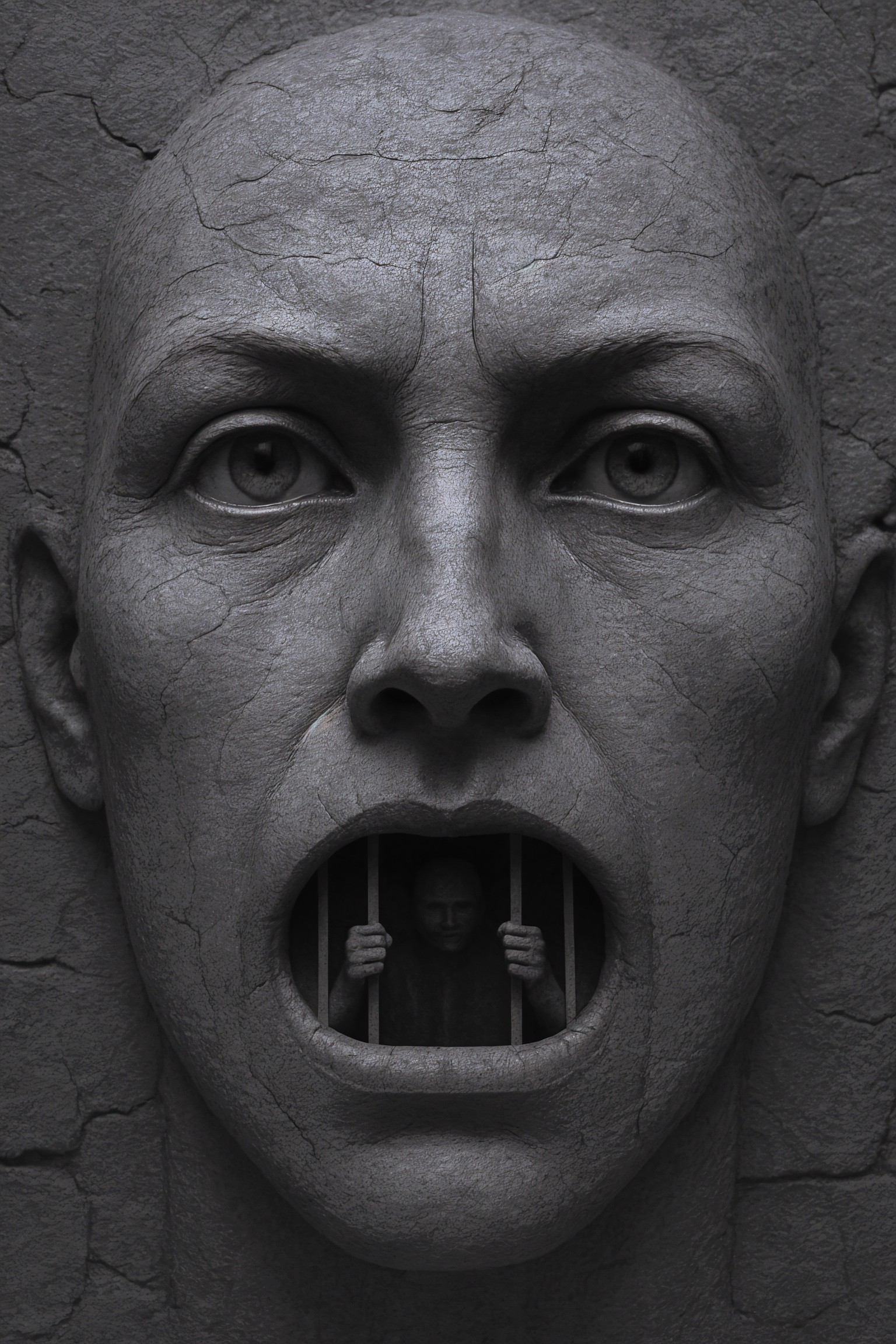 Gray Stone Face with Distressed Figure Behind Bars