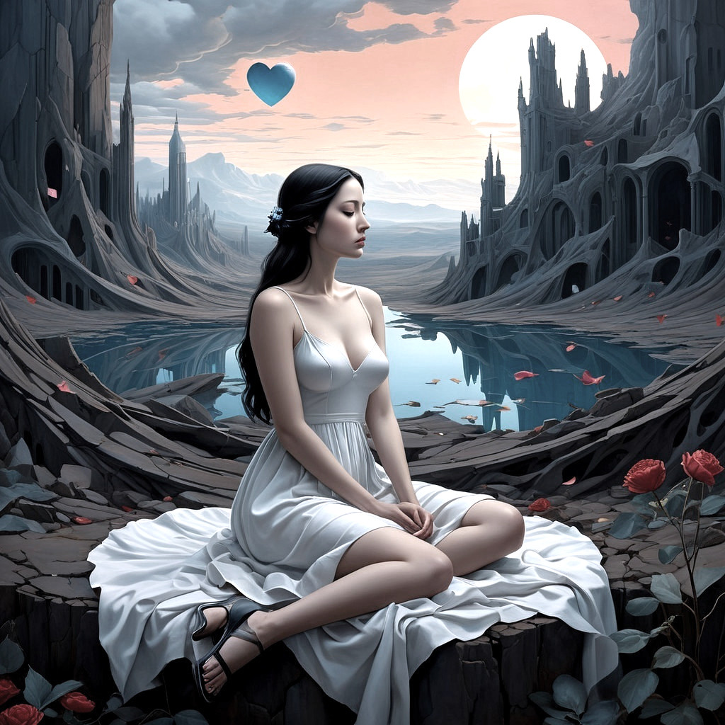 Tranquil Scene of Woman by Serene Lake at Night