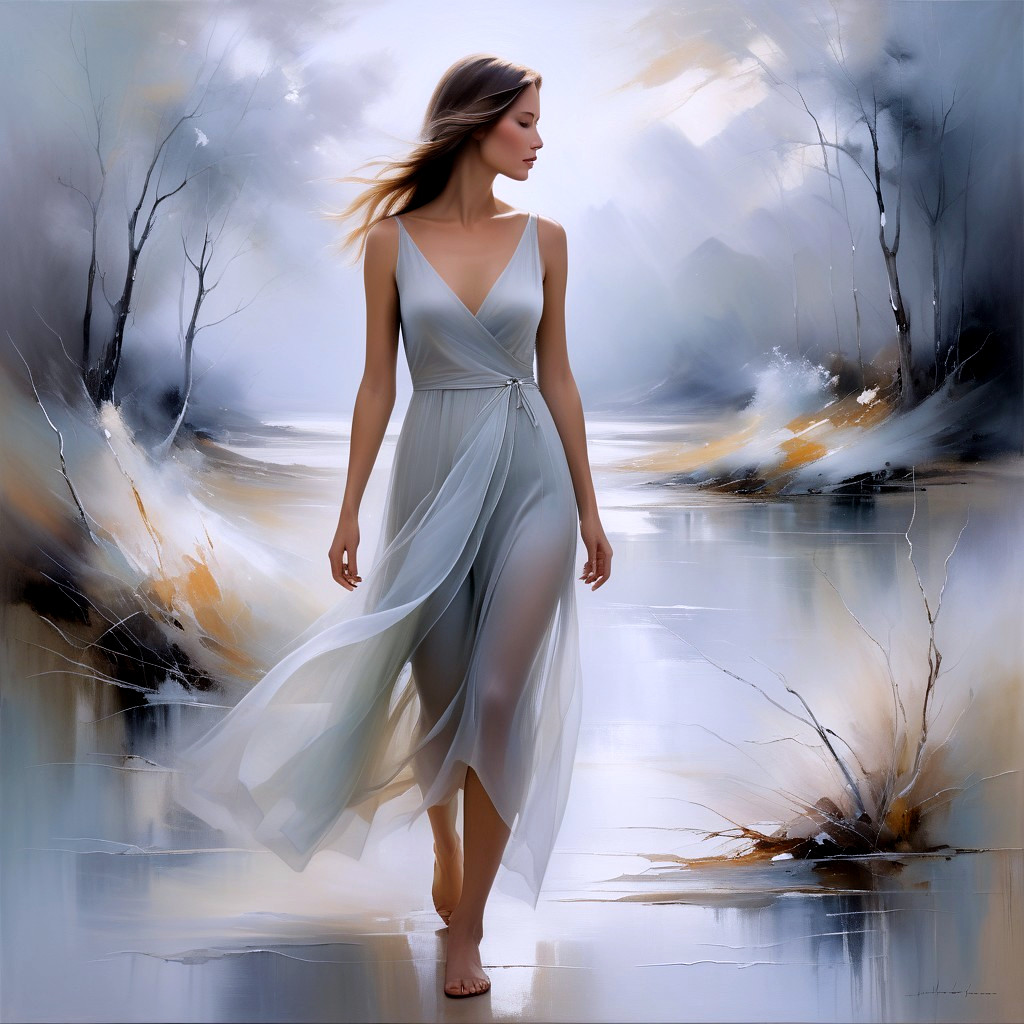 Woman in Diaphanous Gown in Misty Landscape