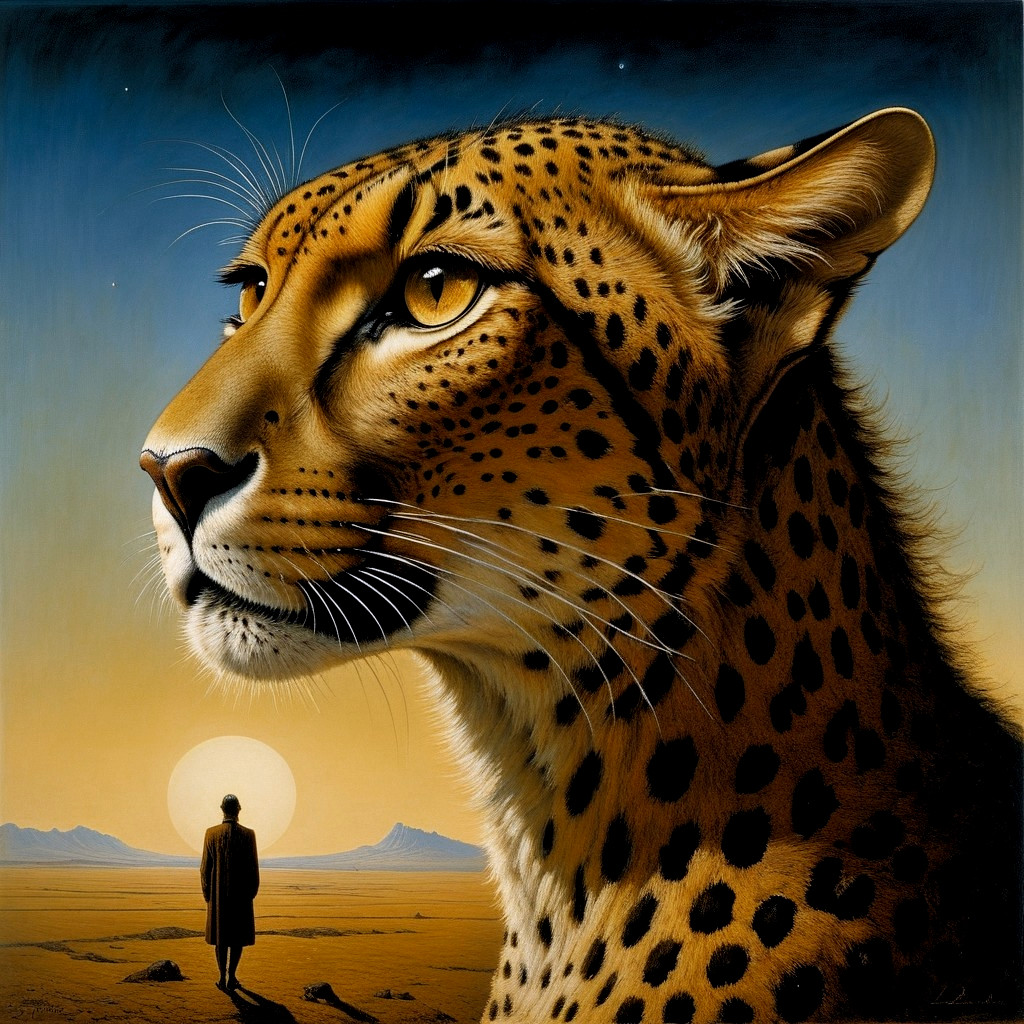 Cheetah and Sunset in a Vast Desert Landscape