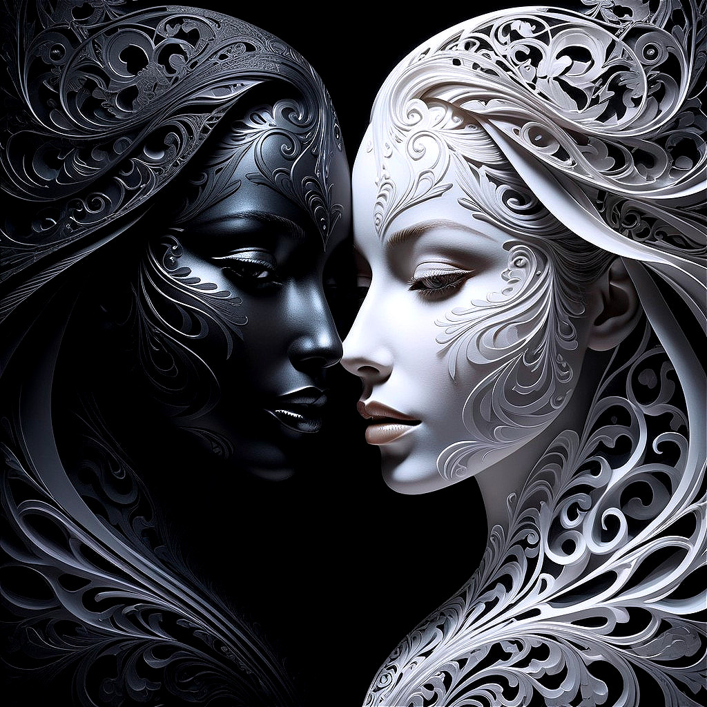 Intricate Black and White Faces Representing Duality