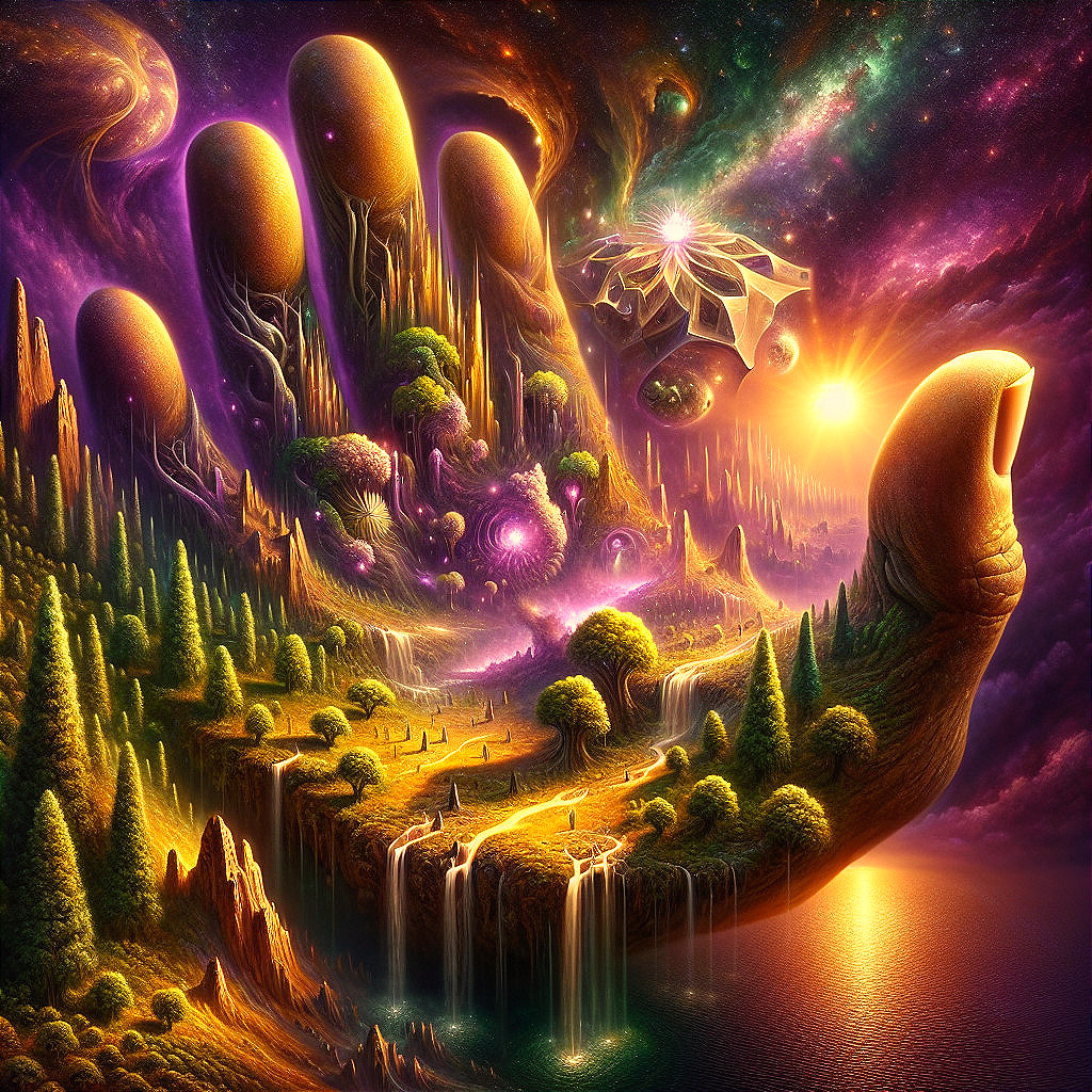 Colossal Hand in Cosmic Landscape with Nature Elements