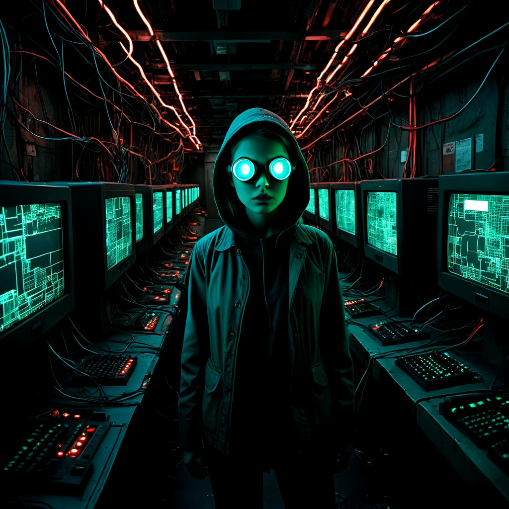 Futuristic Room with Monitors and Neon Lights
