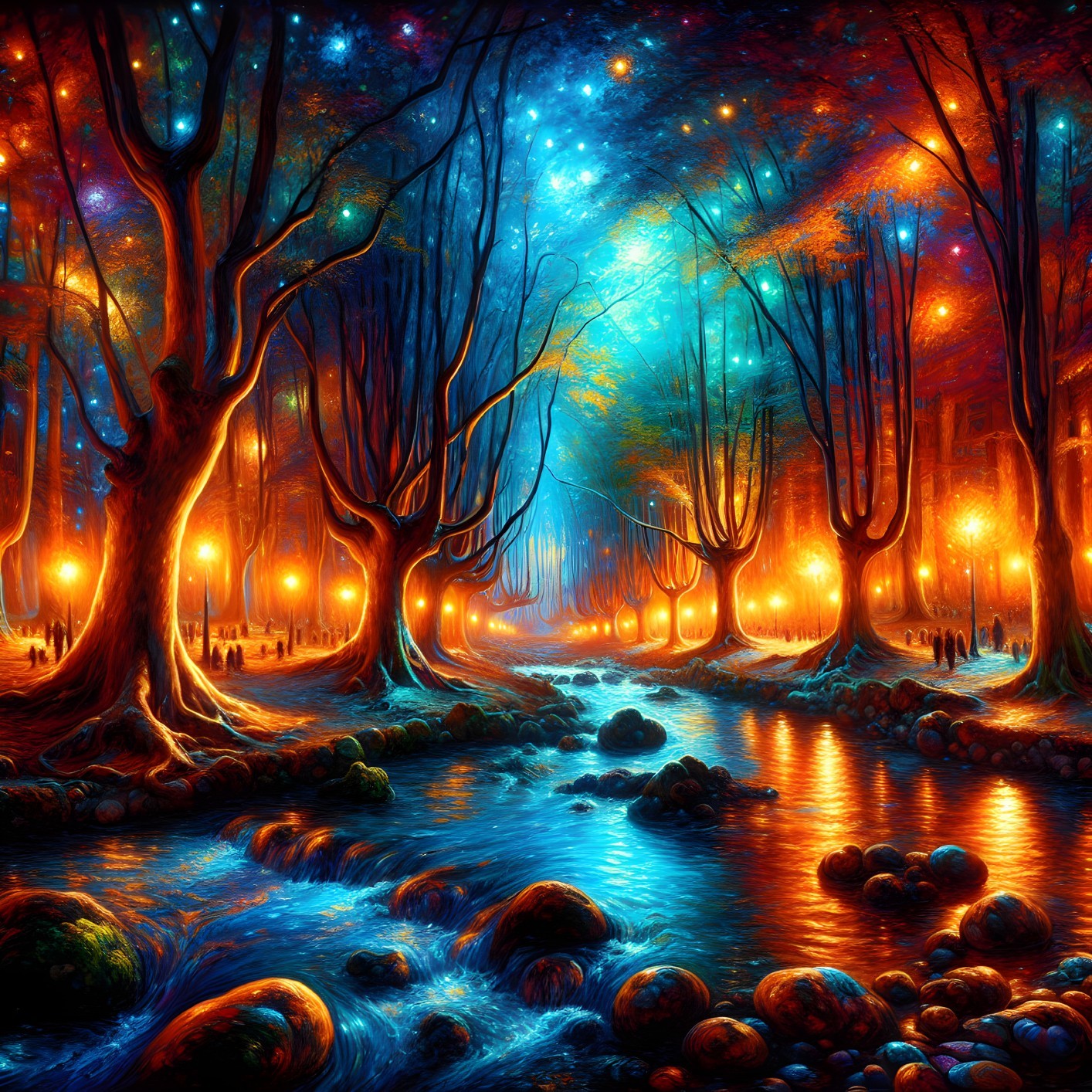 Surreal Forest Scene with Glowing Lights and Stream