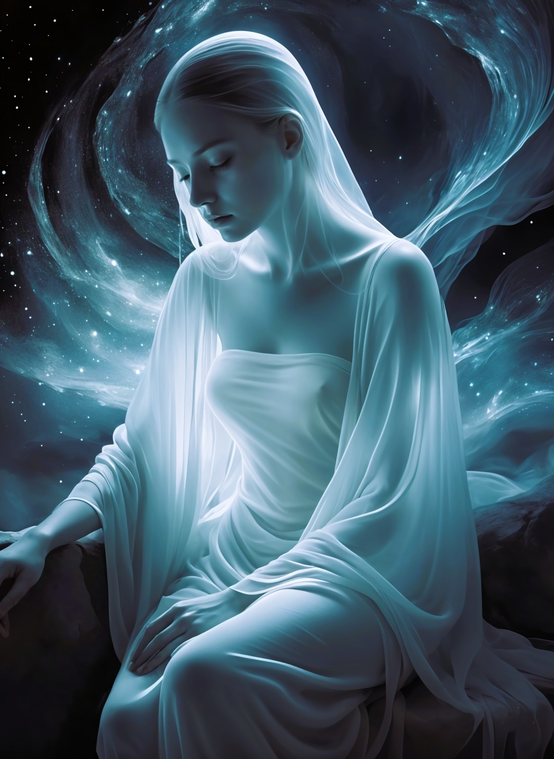 Serene Figure in Translucent Garments Against Starry Sky